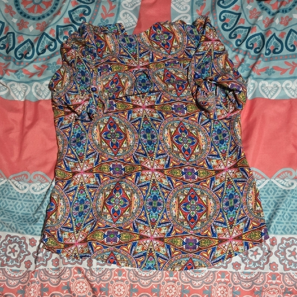 3/$10 Vibrant Blue and Orange Fitted Ruffled 3/4 Sleeve Blouse - Picture 3 of 6